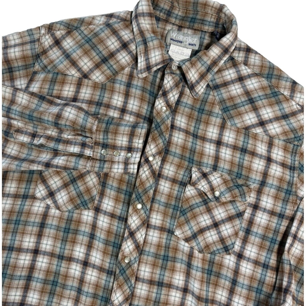 Wrangler‎ Wrancher Pearl Snap Flannel Shirt Mens 2XT Brown Plaid Vintage Pockets